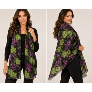Zazou Purple Grape Green Leaf Print Sheer Rayon Scarf Rectangular Wrap Black